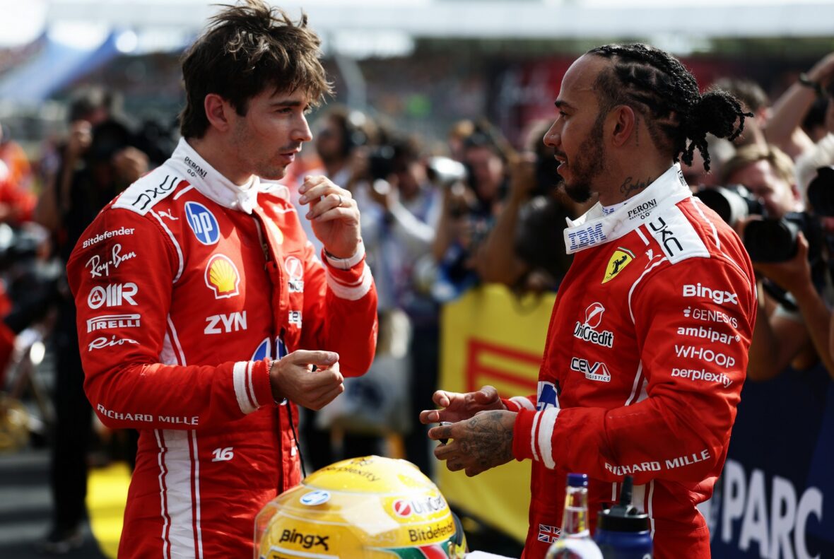 Charles Leclerc and Lewis Hamilton chat after British Grand Prix