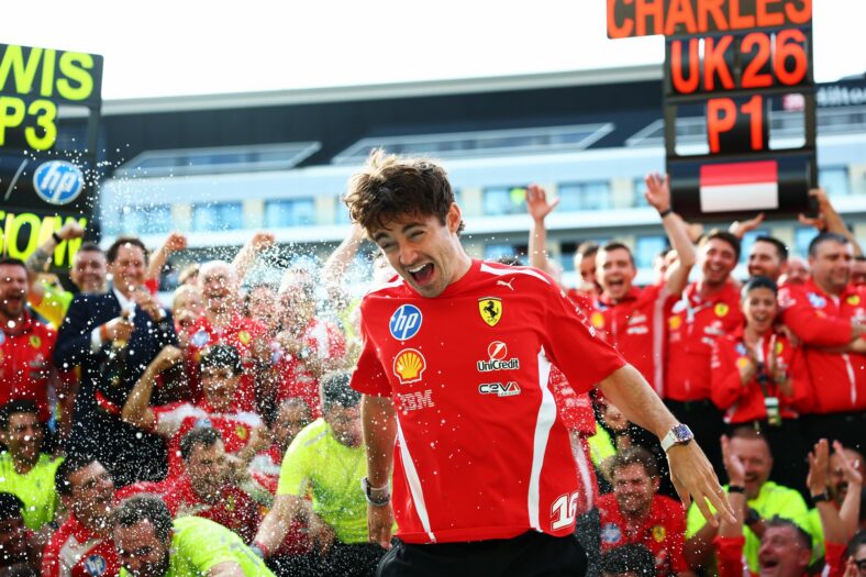Charles Leclerc celebrates his win after British Grand Prix