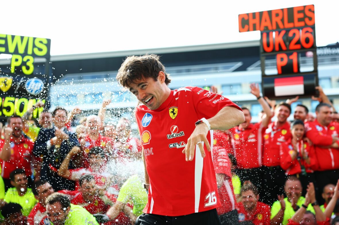 Charles Leclerc celebrates his win after British Grand Prix