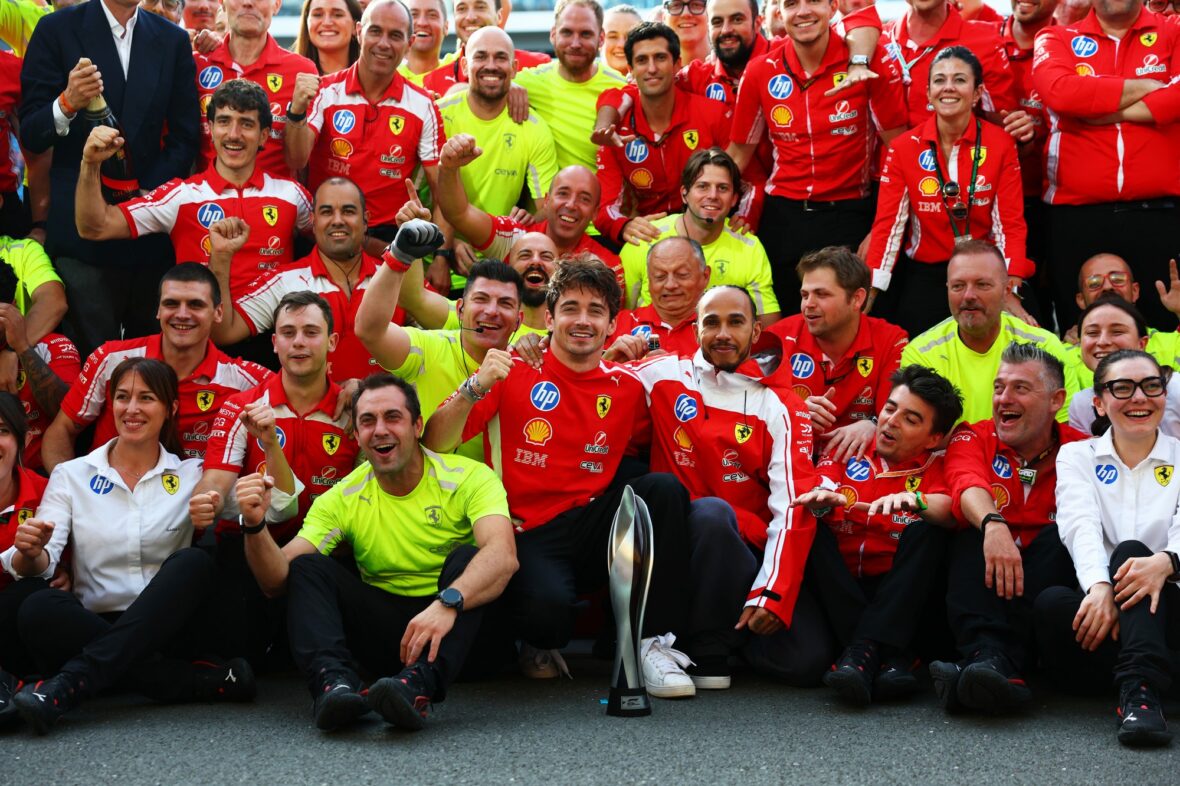 Charles Leclerc and Lewis Hamilton celebrate after British Grand Prix