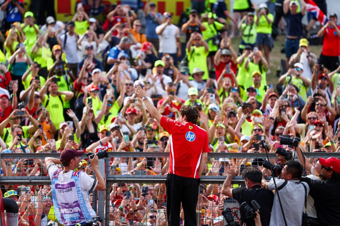 Charles Leclerc celebrates his win after British Grand Prix