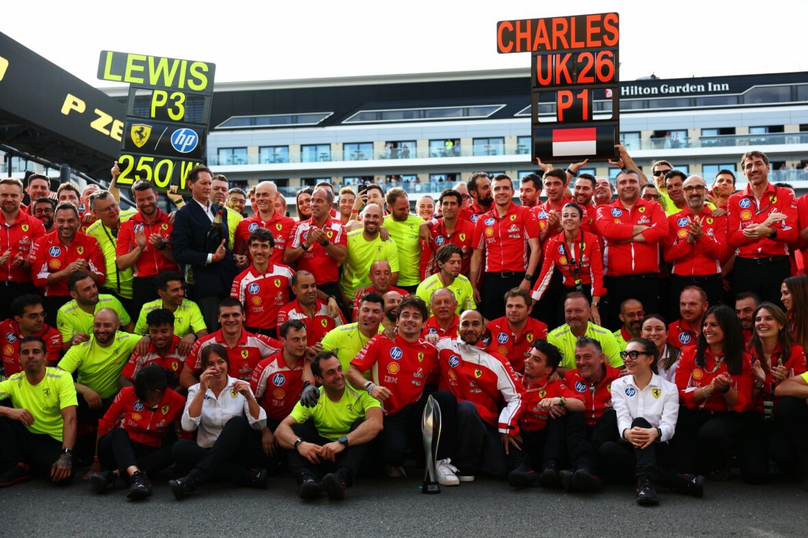 Charles Leclerc and Lewis Hamilton celebrate after British Grand Prix