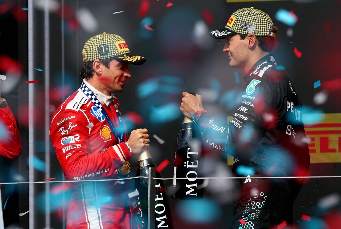 Charles Leclerc and George Russell celebrate after British Grand Prix