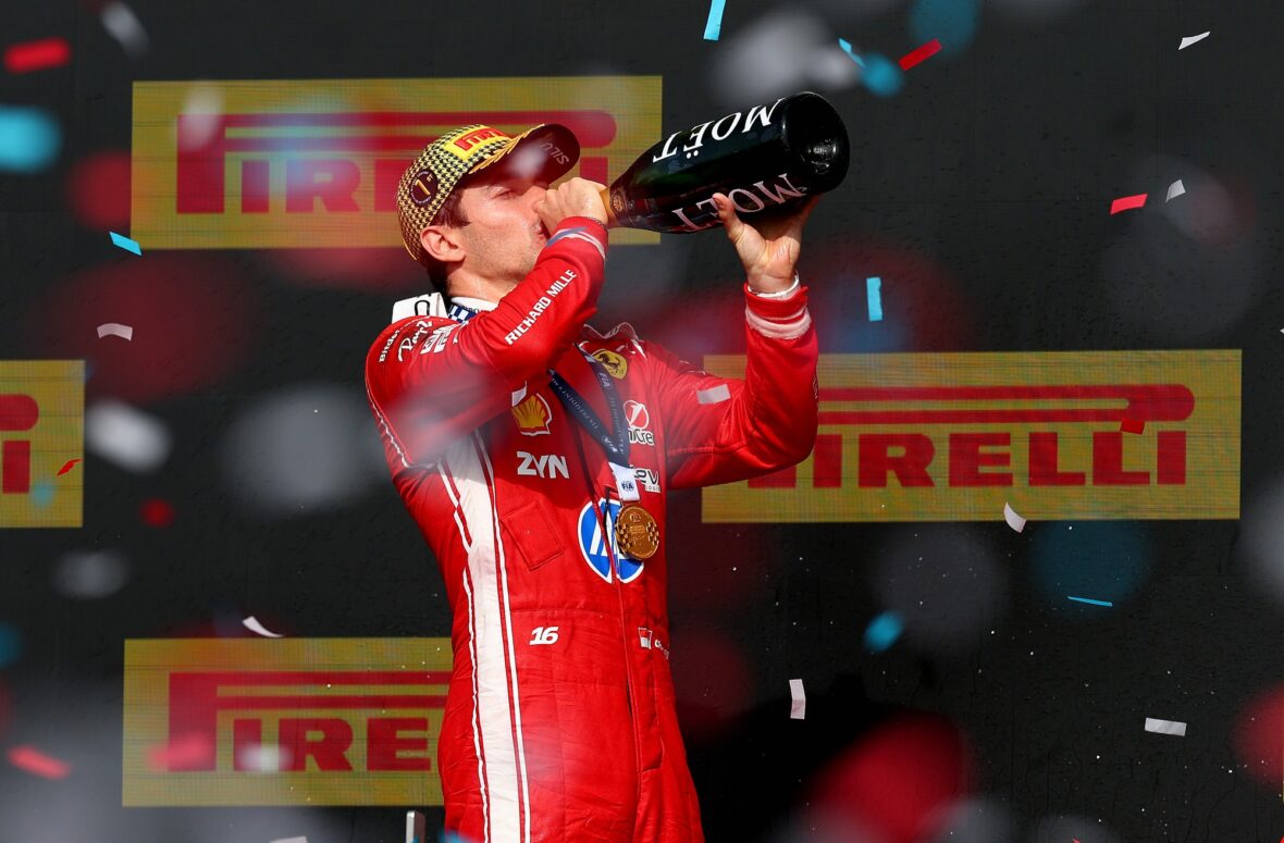Charles Leclerc celebrates his win after British Grand Prix