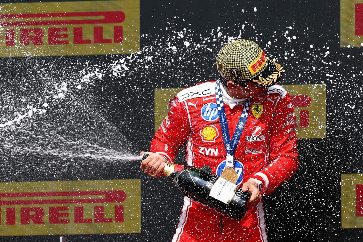 Charles Leclerc celebrates his win after British Grand Prix