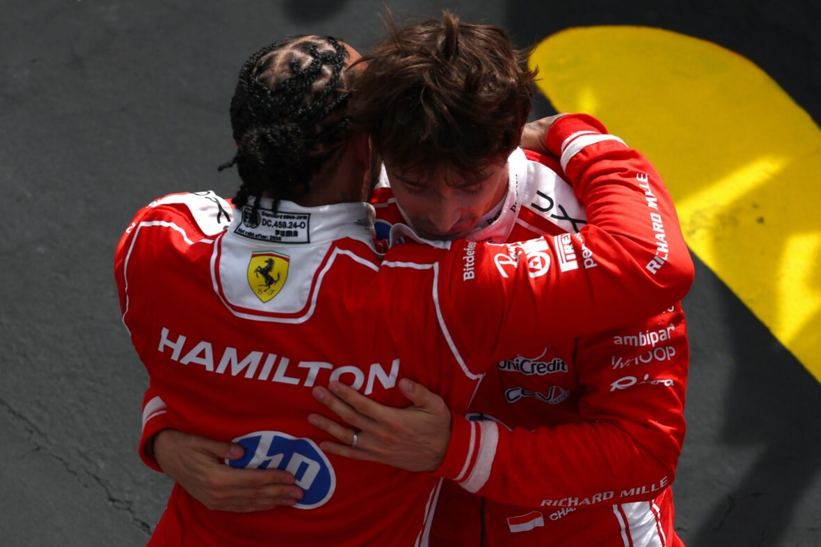 Charles Leclerc and Lewis Hamilton share a hug after British Grand Prix