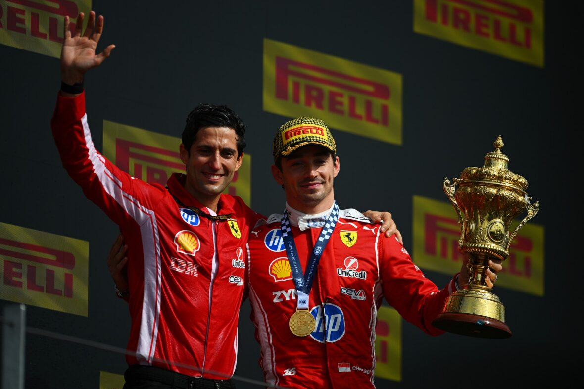 Bryan Bozzi and Charles Leclerc celebrate after British Grand Prix