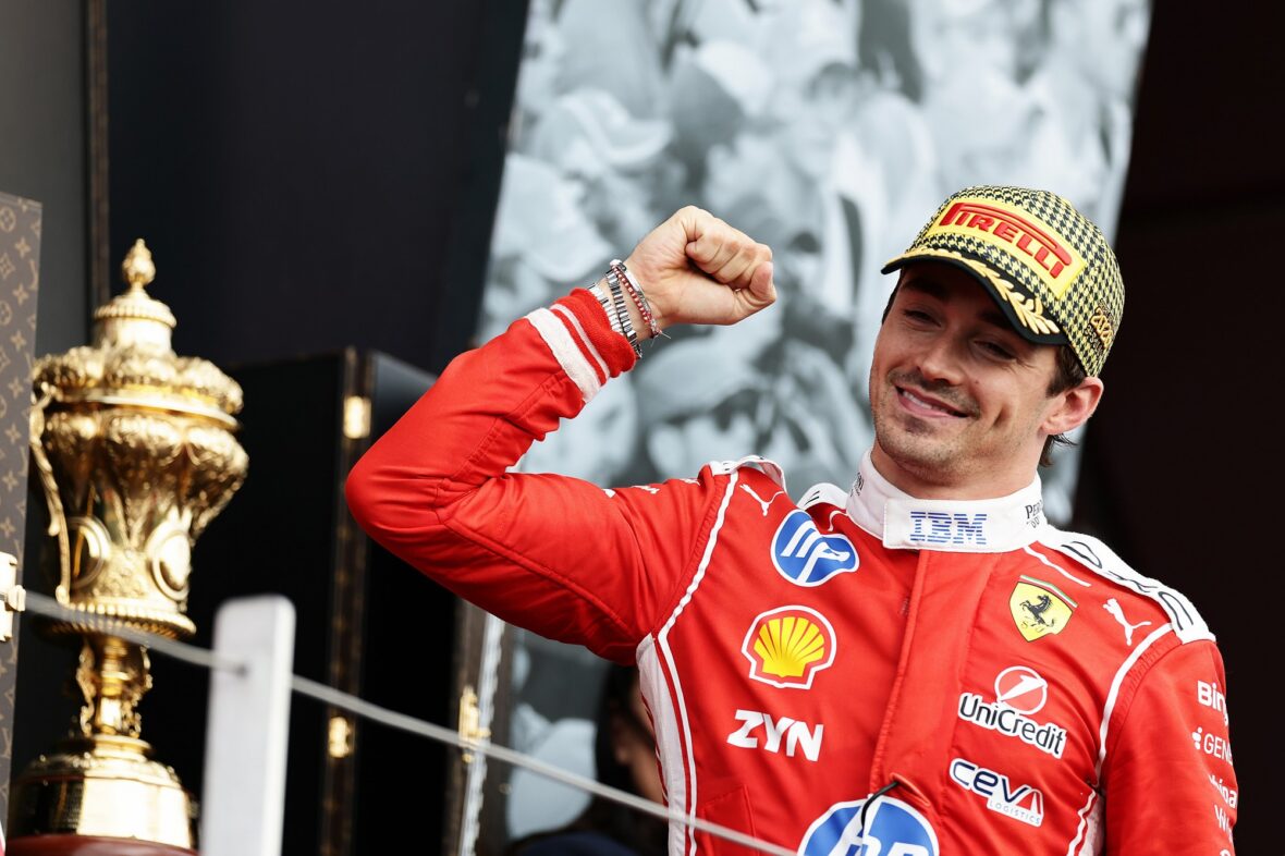 Charles Leclerc celebrates his win after British Grand Prix