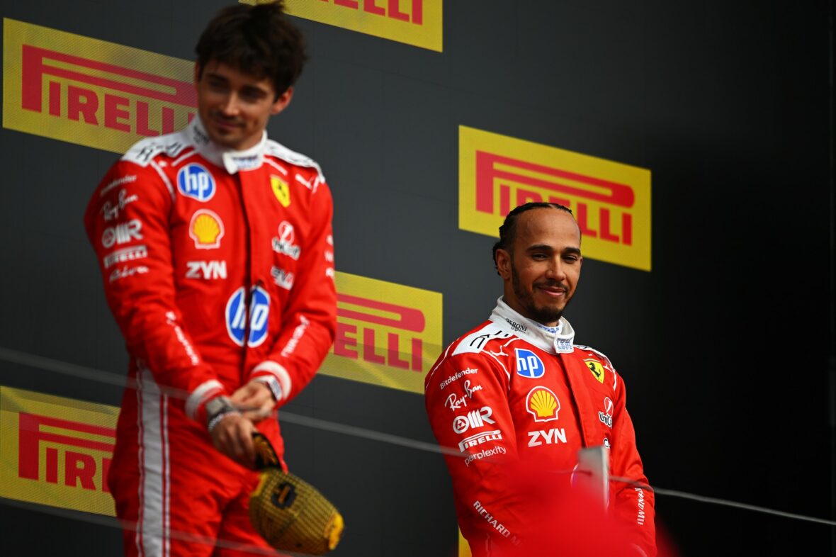 Charles Leclerc and Lewis Hamilton celebrate after British Grand Prix