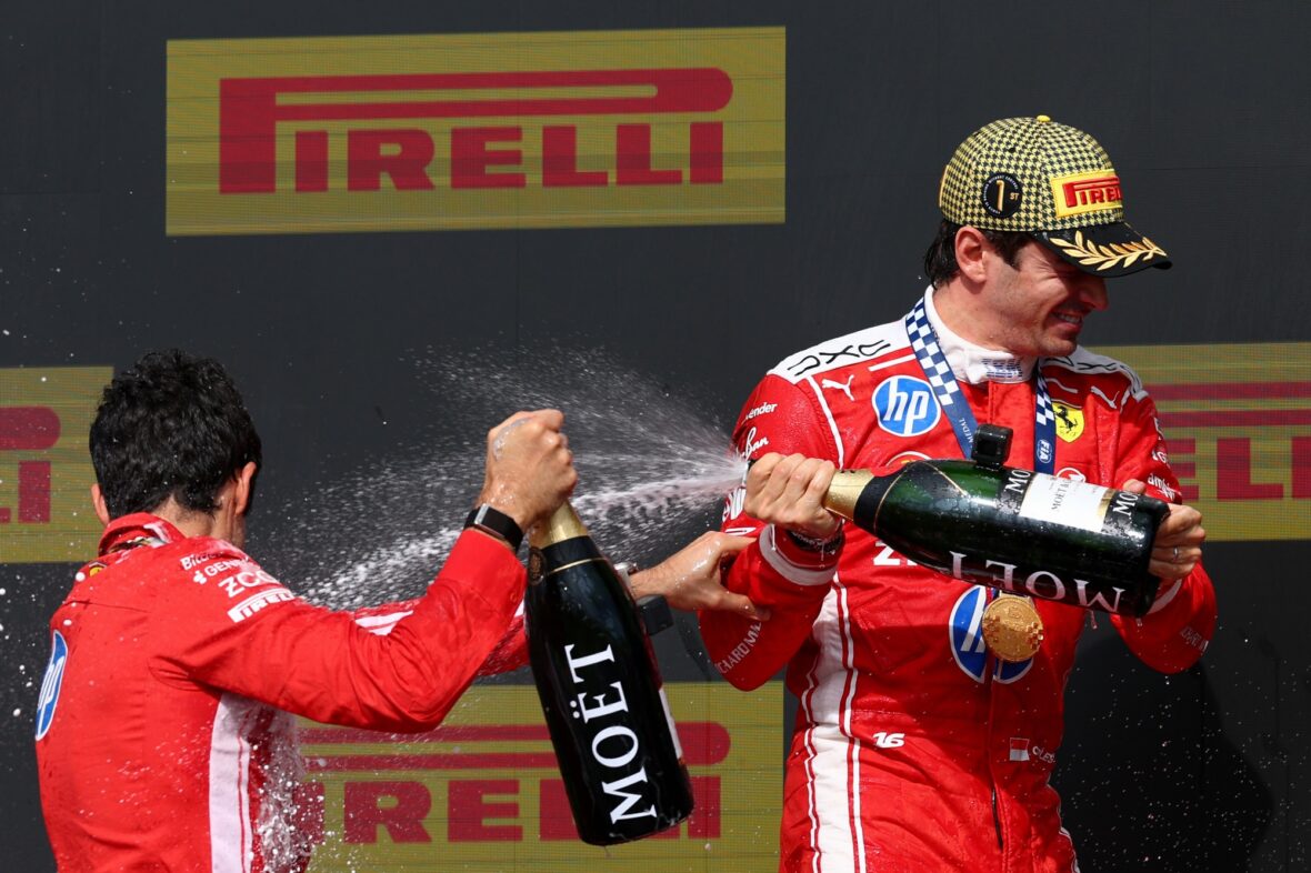 Bryan Bozzi and Charles Leclerc celebrate after British Grand Prix