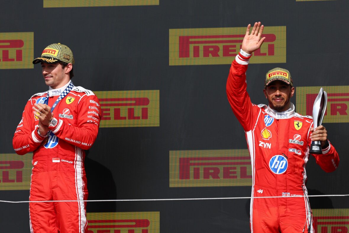 Lewis Hamilton and Charles Leclerc celebrate after British Grand Prix