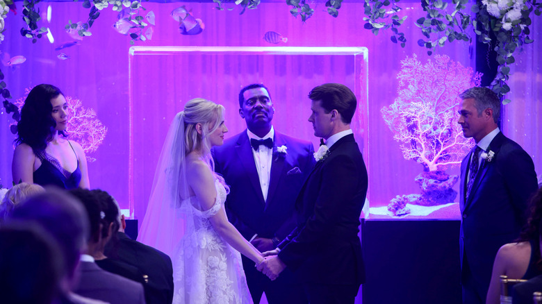 Publicity still of Hanako Greensmith, Kara Killmer, Eamonn Walker, Jesse Spencer & Taylor Kinney at Casey and Sylvie's wedding in Chicago Fire