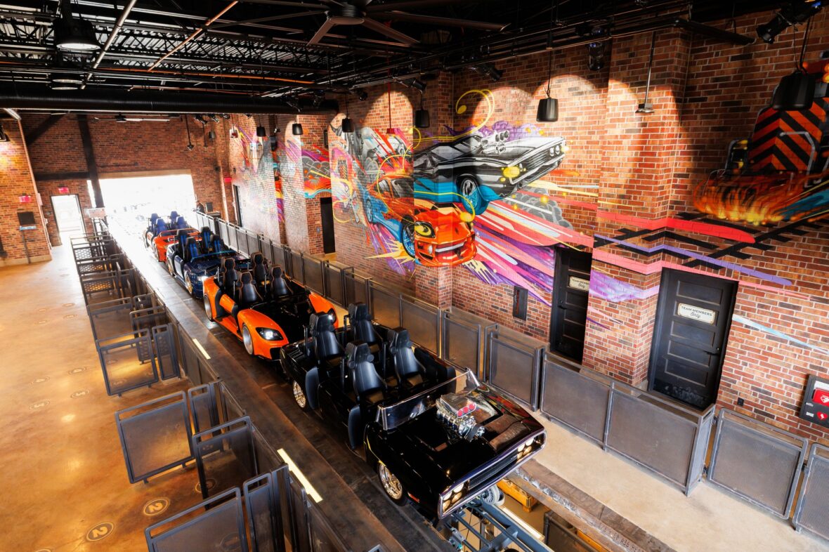 Photo of the Fast & Furious: Hollywood Drift ride vehicles in the loading bay