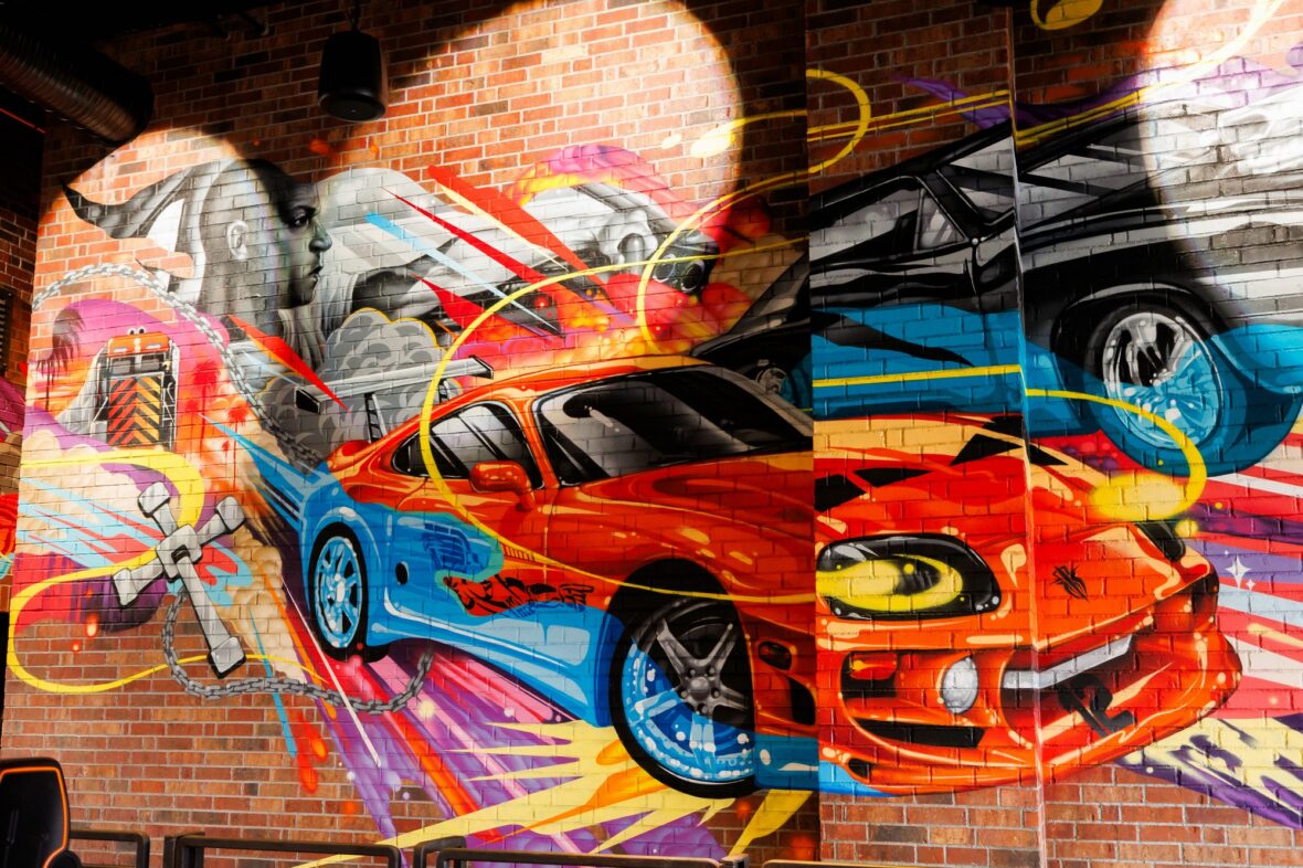 Photo of the Fast & Furious: Hollywood Drift mural in the loading bay