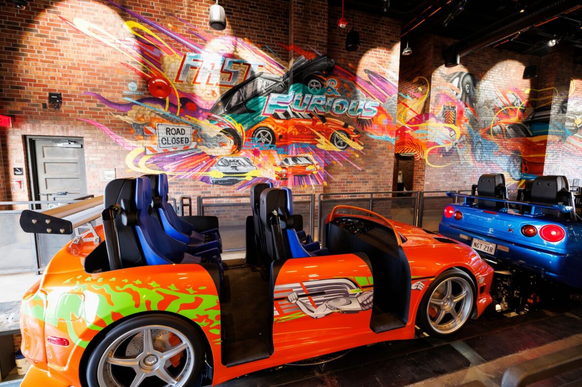Photo of the Fast & Furious: Hollywood Drift ride vehicles in the loading bay