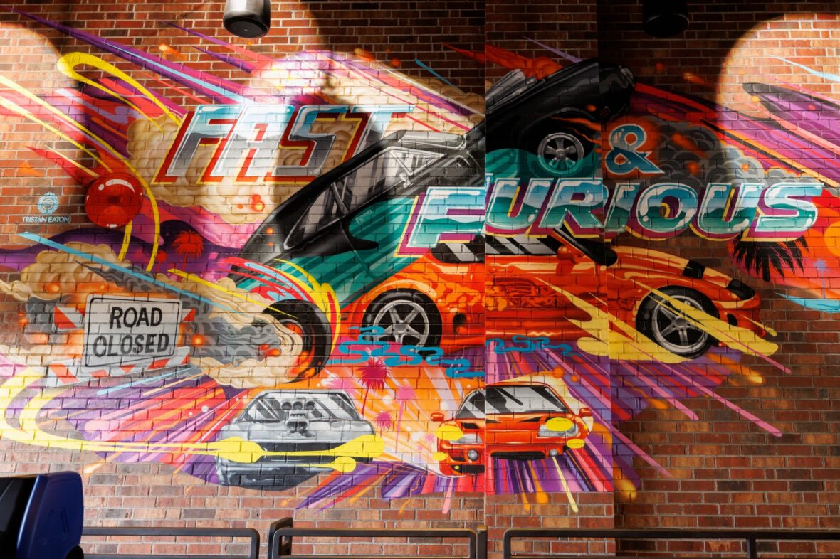 Photo of the Fast & Furious: Hollywood Drift mural in the loading bay