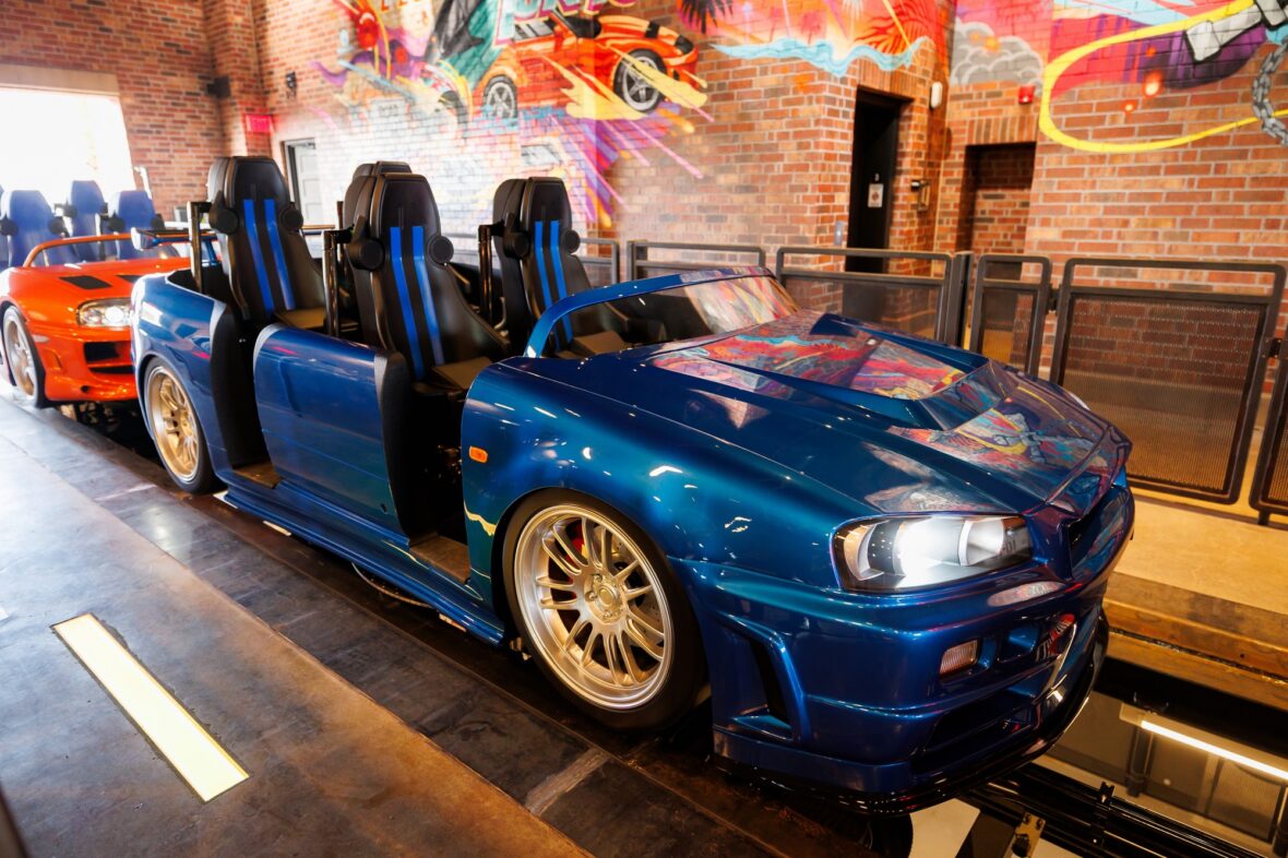 Photo of the Fast & Furious: Hollywood Drift ride vehicles in the loading bay
