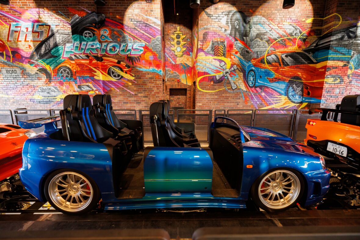 Photo of the Fast & Furious: Hollywood Drift ride vehicles in the loading bay