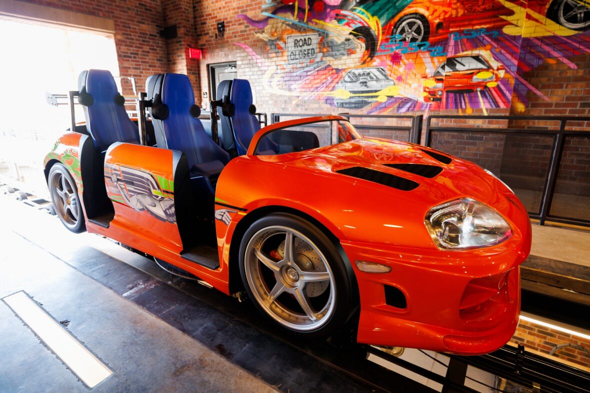 Photo of the Fast & Furious: Hollywood Drift ride vehicles in the loading bay