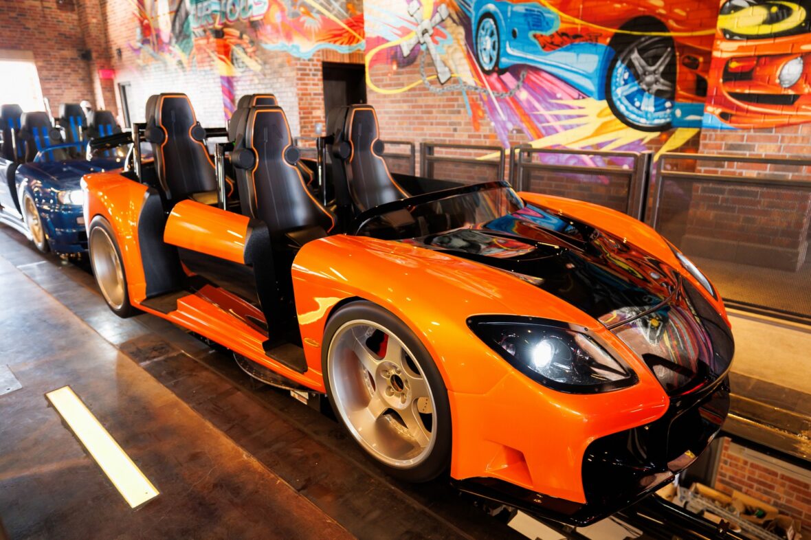 Photo of the Fast & Furious: Hollywood Drift ride vehicles in the loading bay