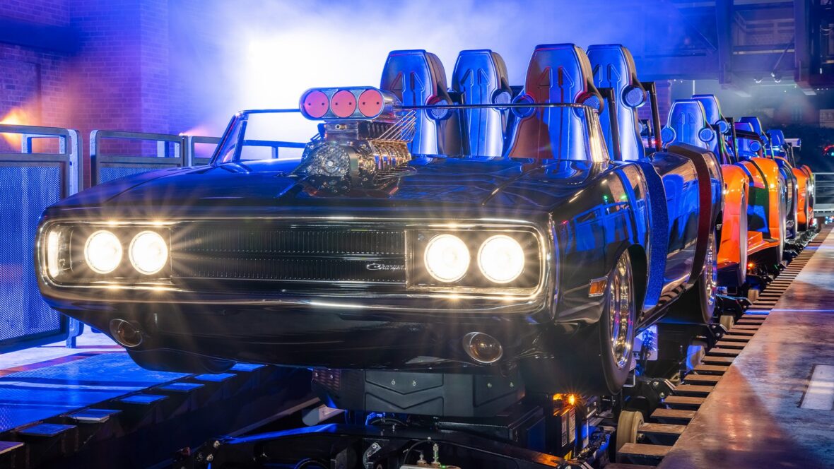 Photo of the Fast & Furious: Hollywood Drift ride vehicles in the loading bay
