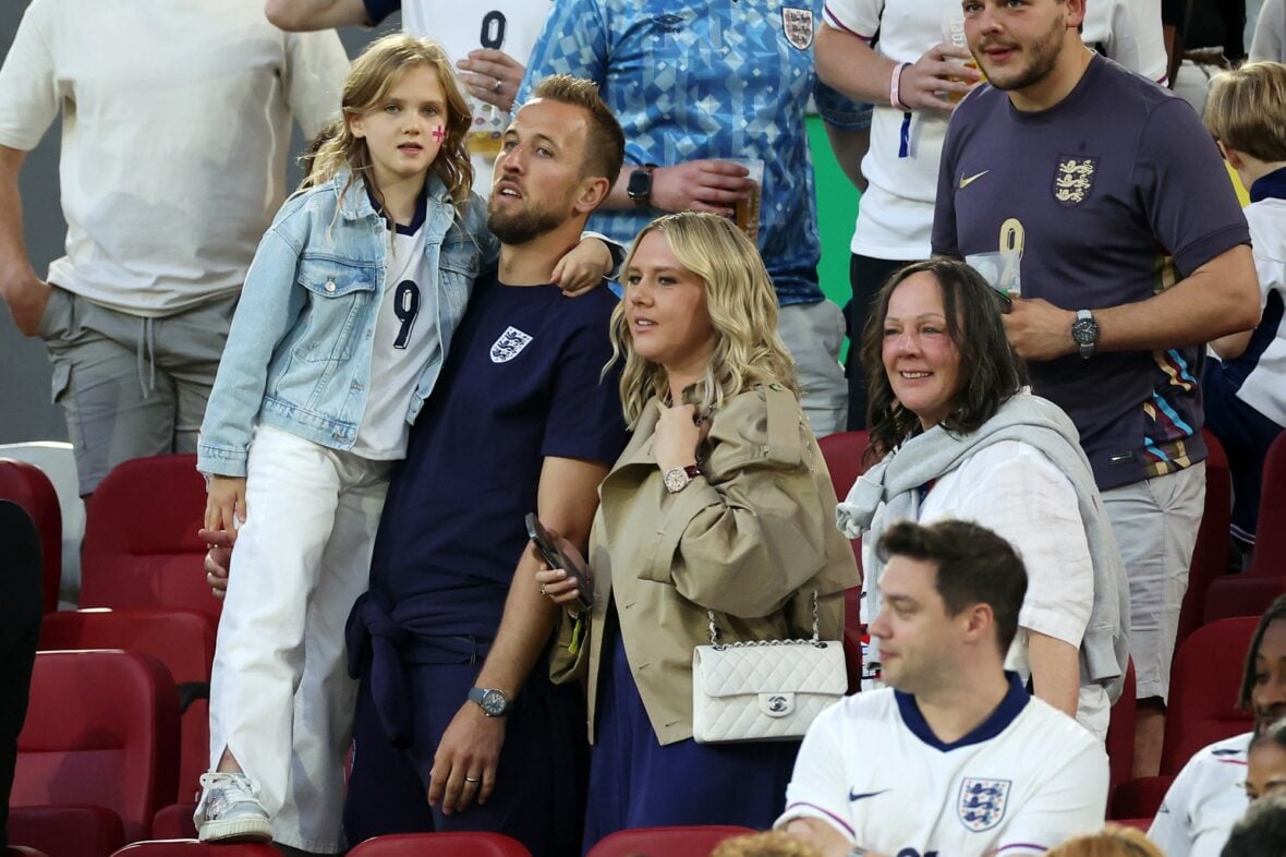 Harry and Katie Kane with their daughter at the England v Switzerland: Quarter-Final - UEFA EURO 2024