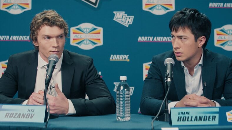 Still of Connor Storrie and Hudson Williams in Heated Rivalry season one