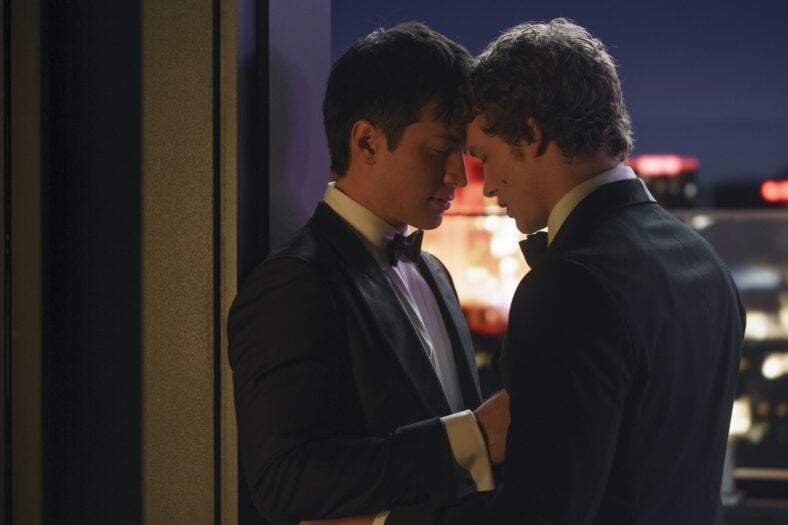 Still of Connor Storrie and Hudson Williams in Heated Rivalry season one