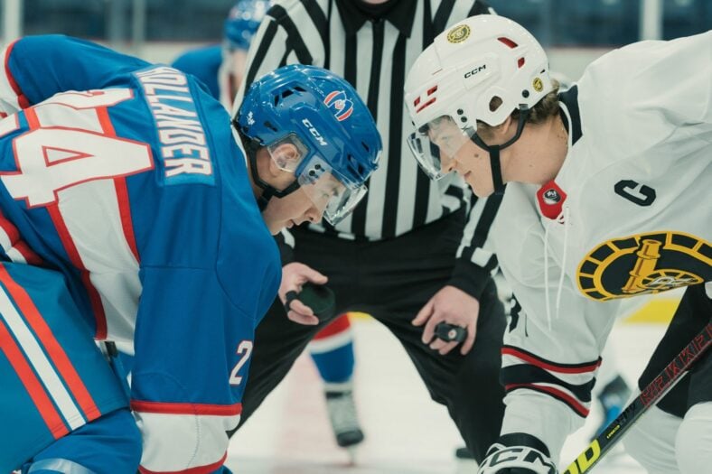 Still of Connor Storrie and Hudson Williams in Heated Rivalry season one