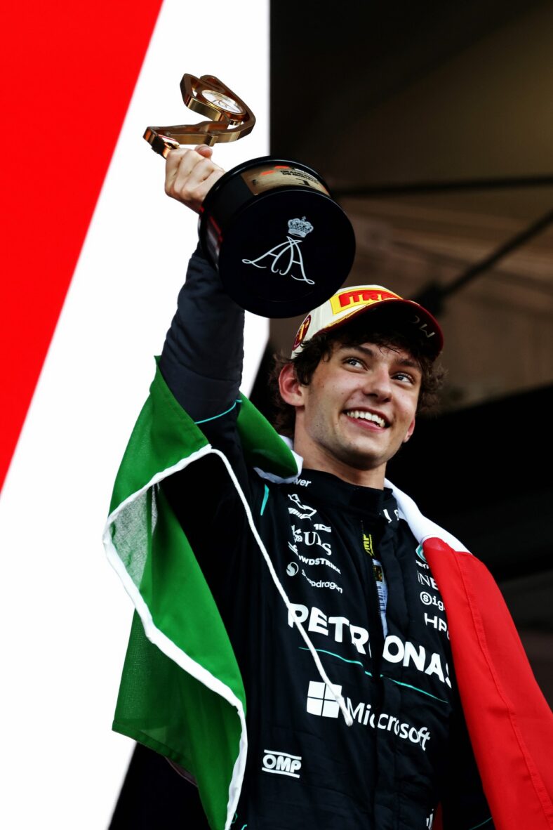 Kimi Antonelli celebrates victory at the Monaco Grand Prix