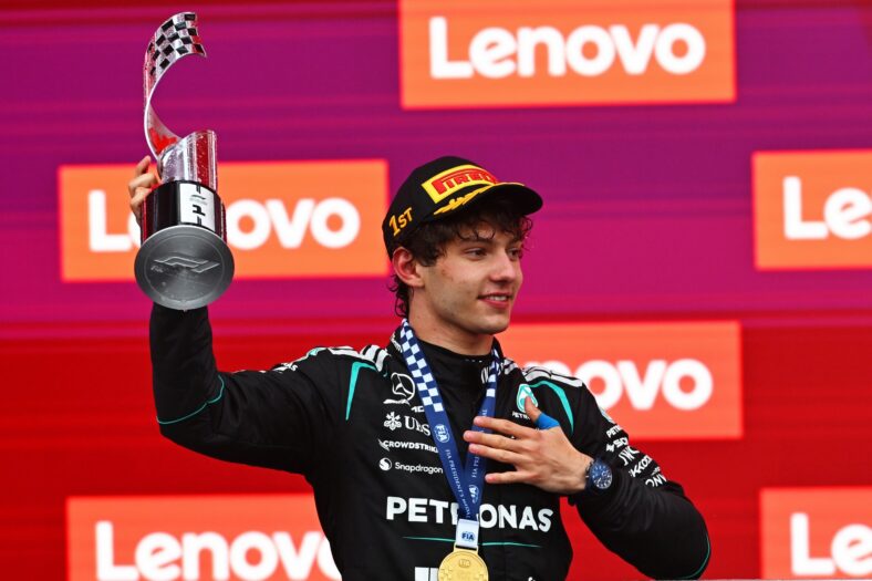 Kimi Antonelli celebrates victory at the Canadian Grand Prix