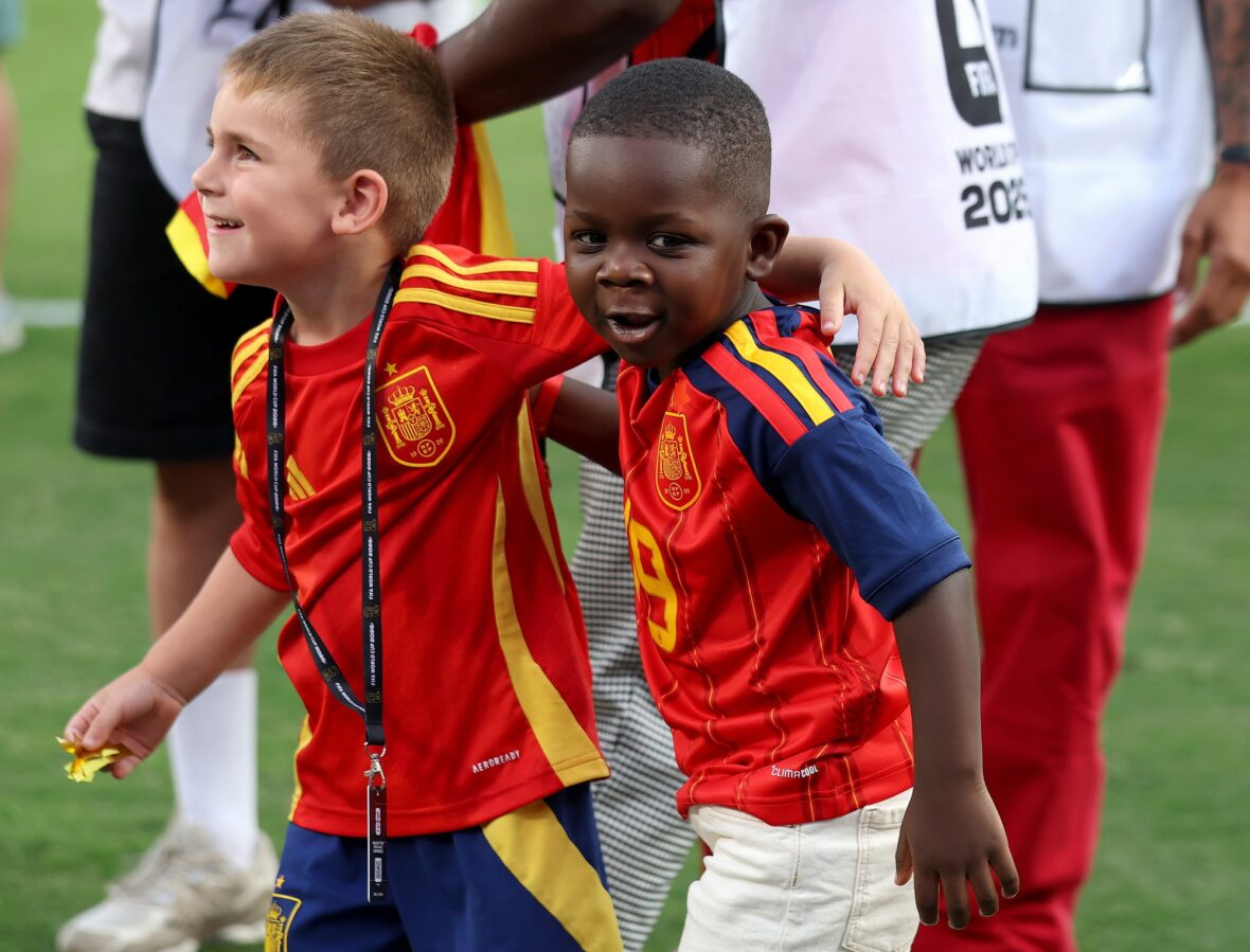 Lamine Yamal's three-year-old brother Keyne on the soccer field celebrating with a young friend