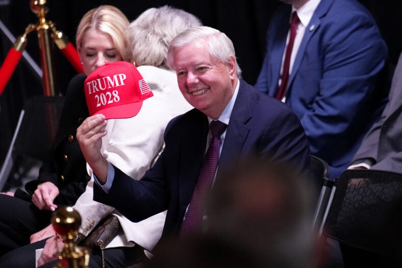 Lindsey Graham with a Trump 2028 hat