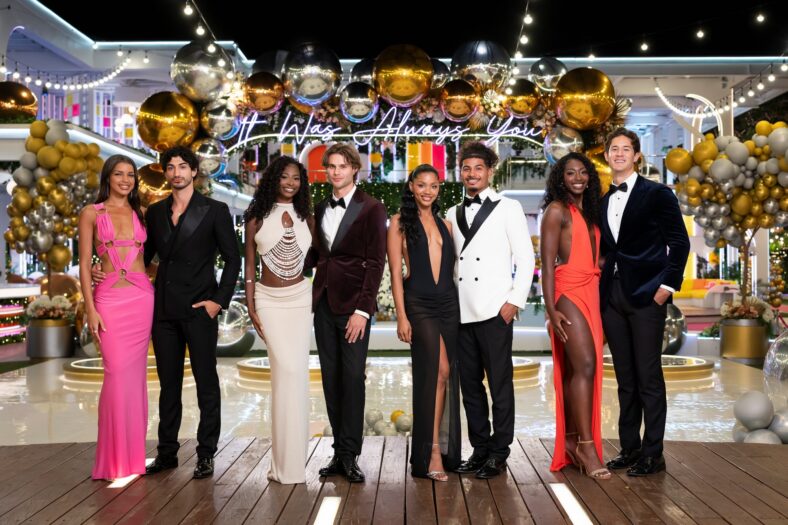 Love Island USA season 8 final four couples pose together during the finale