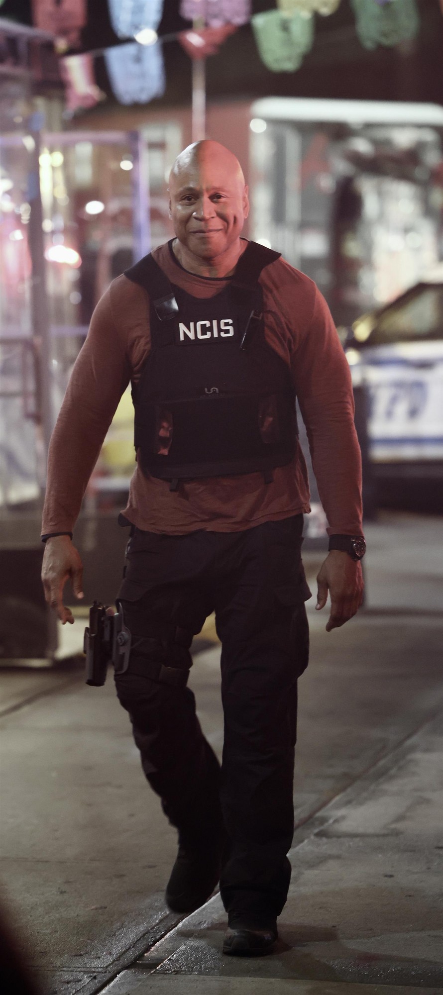 LL Cool J on the set of 'NCIS: New York' wearing an NCIS vest