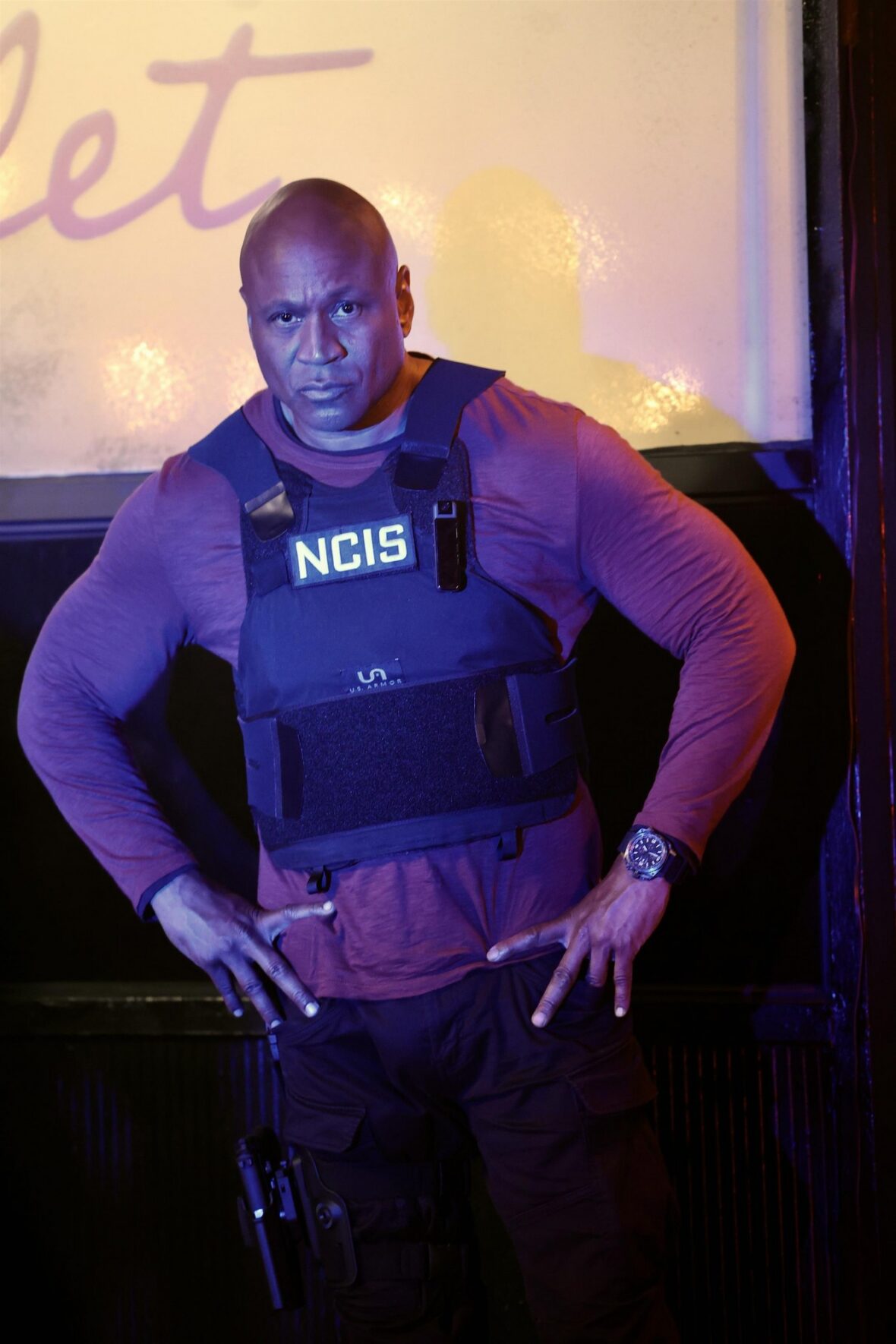 LL Cool J on the set of 'NCIS: New York' wearing an NCIS vest