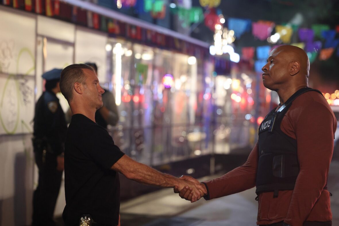 Scott Caan and LL Cool J shake hands in 'NCIS: New York' on set filming photo