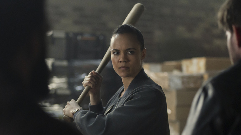 Maria Sten as Frances Neagley wielding a baseball bat in the Amazon Prime Video Reacher spin-off series Neagley