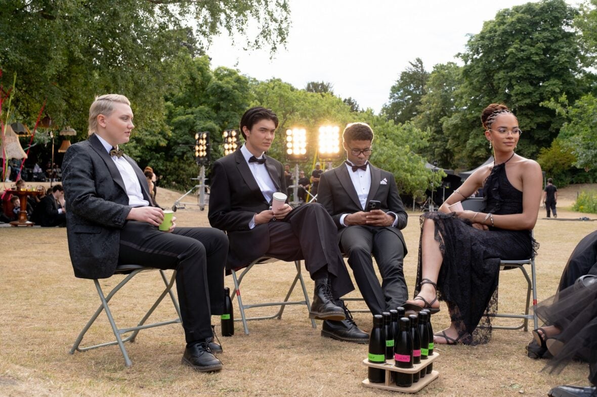 Kizzy Edgell, Will Gao, Darragh Hand and Yasmin Finney in BTS photo from Heartstopper Forever