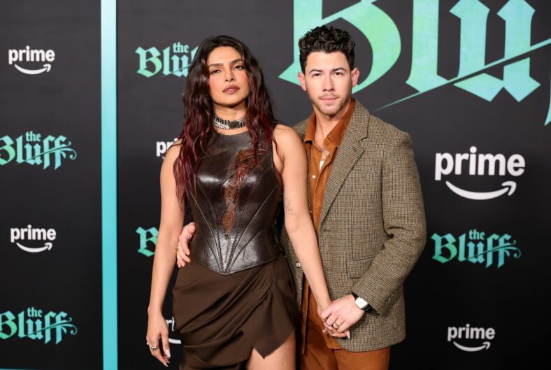 Priyanka Chopra and Nick Jonas pose together at the premiere of her movie The Bluff