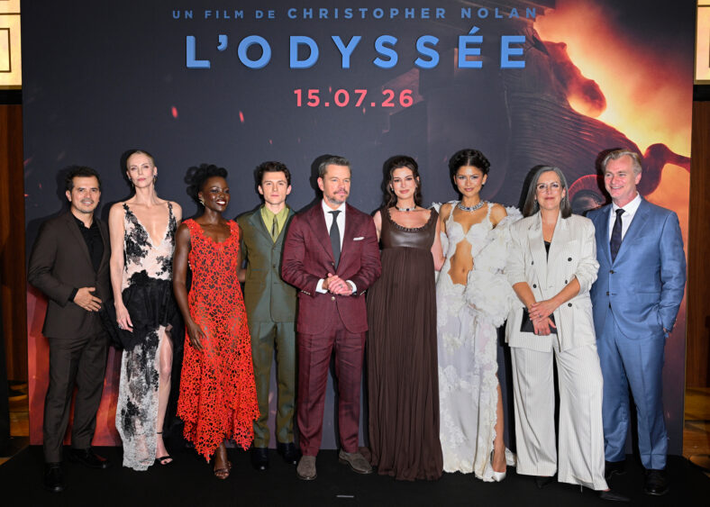 (L-R) John Leguizamo, Charlize Theron, Lupita Nyong'o, Tom Holland, Matt Damon, Anne Hathaway, Zendaya, Emma Thomas and Christopher Nolan attend Universal Pictures "The Odyssey" Paris Premiere