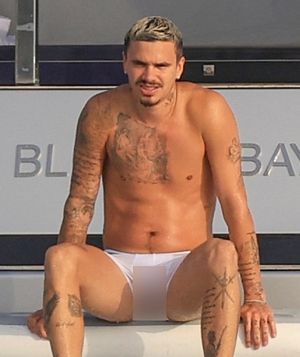 Beckham family yacht day, including shirtless Romeo and David Beckham, in Ibiza, Spain