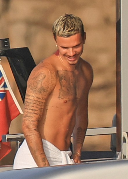 Beckham family yacht day, including shirtless Romeo and David Beckham, in Ibiza, Spain