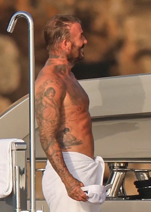 Beckham family yacht day, including shirtless Romeo and David Beckham, in Ibiza, Spain