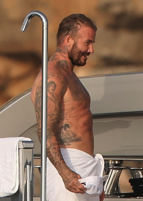 Beckham family yacht day, including shirtless Romeo and David Beckham, in Ibiza, Spain