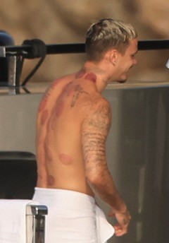 Beckham family yacht day, including shirtless Romeo and David Beckham, in Ibiza, Spain