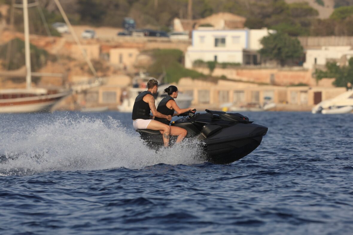 Beckham family yacht day, including shirtless Romeo and David Beckham, in Ibiza, Spain