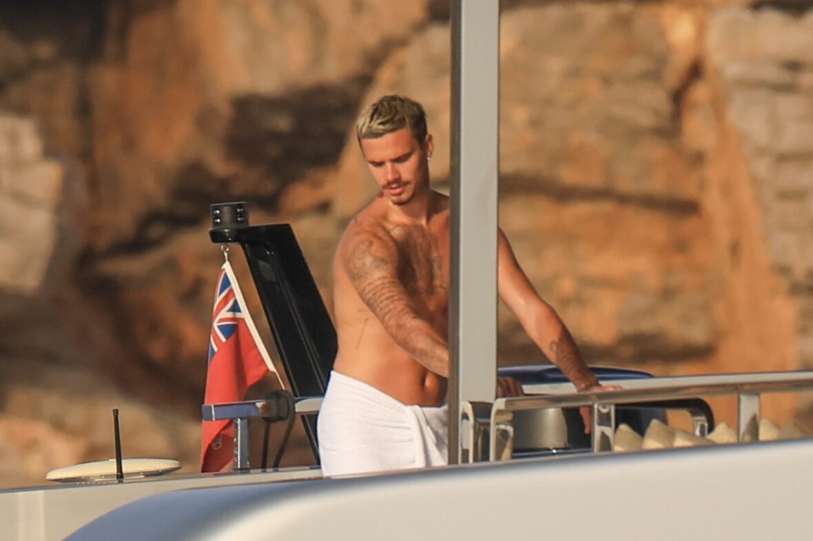 Beckham family yacht day, including shirtless Romeo and David Beckham, in Ibiza, Spain