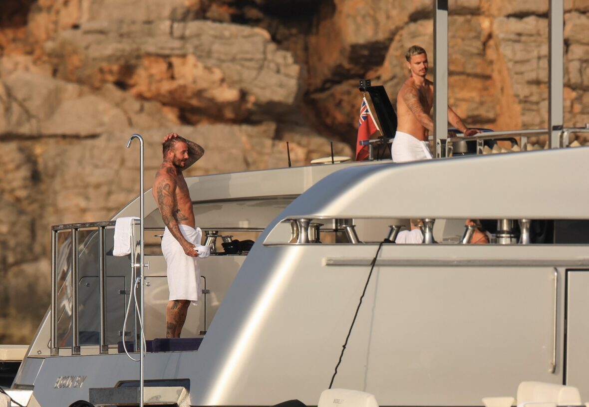 Beckham family yacht day, including shirtless Romeo and David Beckham, in Ibiza, Spain