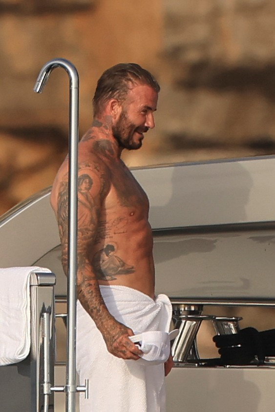 Beckham family yacht day, including shirtless Romeo and David Beckham, in Ibiza, Spain